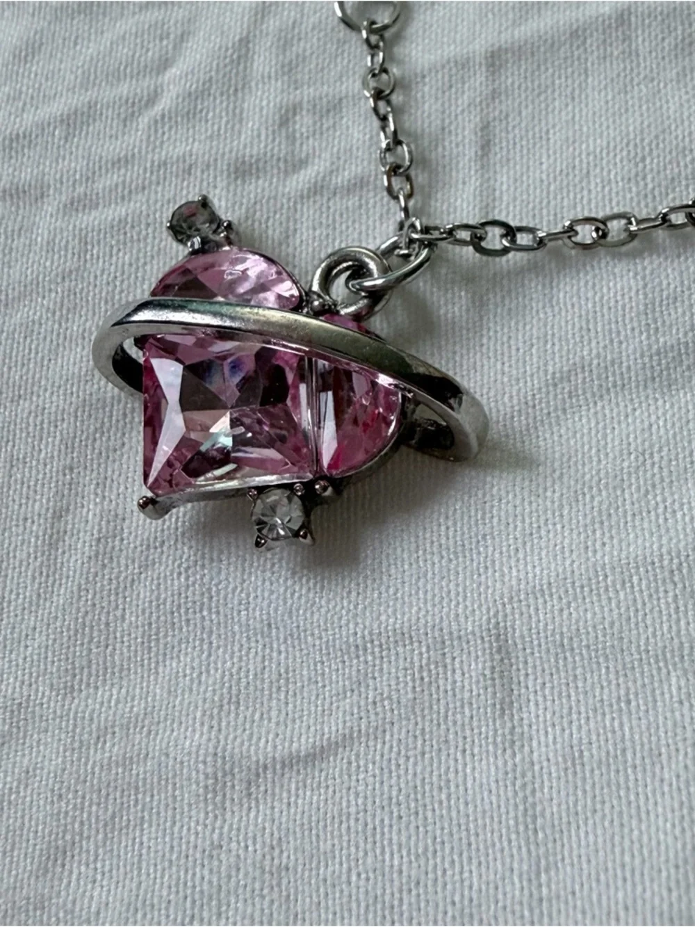 Brand New Y2K Magic Fantasy Silver Diamond Pink Heart Charm Pendant Necklace